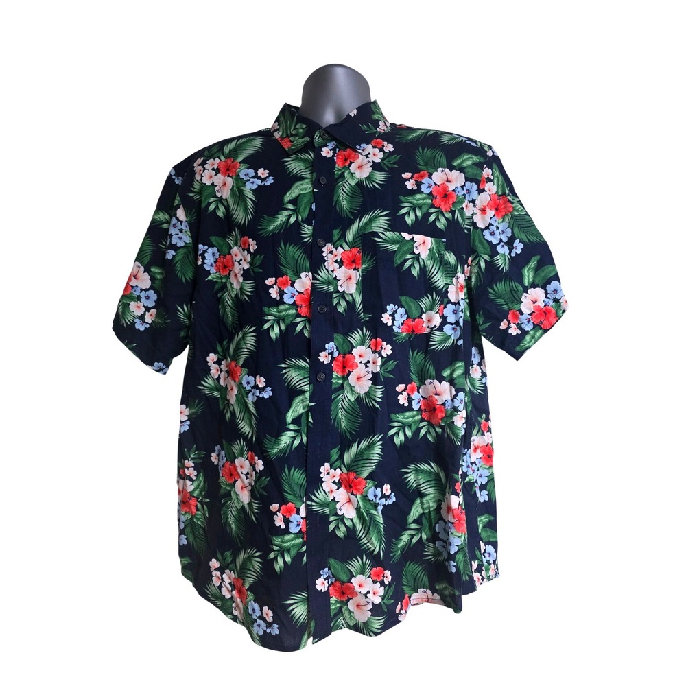 Old Navy‎ Mens Everyday Shirt XL Navy Blue Tropical Floral Hibiscus Cotton A10